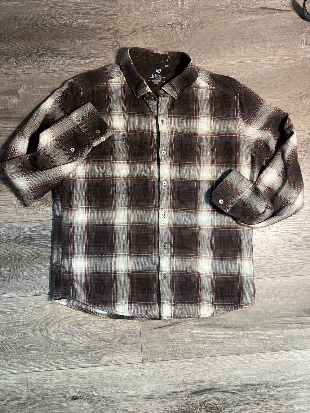 Kuhl Plaid Button Down Shirt Mens M  Brown Long Sleeve Outdoor Law Flannel